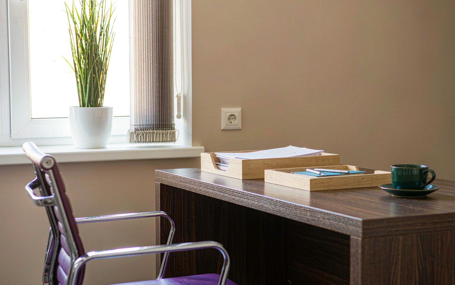 Calm modern small office corner with desk, document trays and a plant