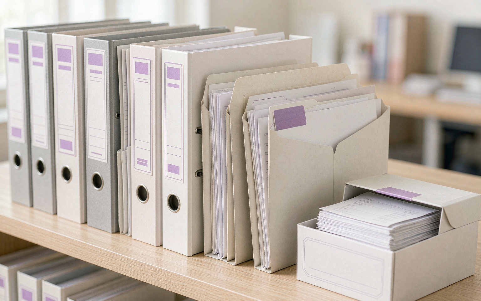 Purchase and sales documents organised into folders and a receipt box